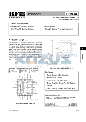 RF2643 datasheet - 3V DUAL-BAND UPCONVERTER AND DRIVER AMPLIFIER