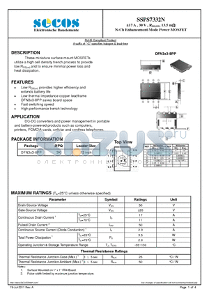 SSPS7332N datasheet - a17 A , 30 V , RDS(ON) 13.5 m N-Ch Enhancement Mode Power MOSFET