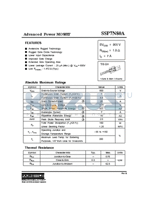 SSP7N80A datasheet - N-CHANNEL POWER MOSFET
