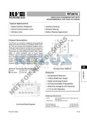RF2670 datasheet - 8MHZ DUAL BASEBAND AGC WITH PROGRAMMABLE LOW PASS FILTERING