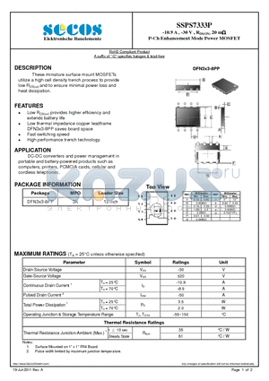SSPS7333P datasheet - -10.9 A , -30 V , RDS(ON) 20 m P-Ch Enhancement Mode Power MOSFET