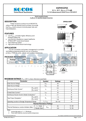 SSPS922NE datasheet - 8.2 A , 20 V , RDS(ON) 17.5 m N-Ch Enhancement Mode Power MOSFET