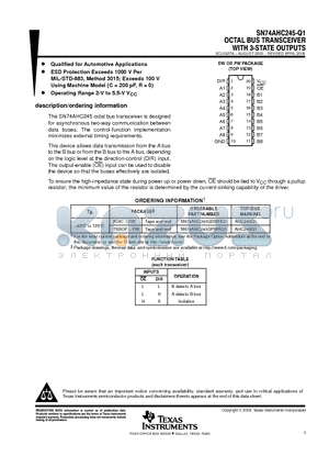 SN74AHC245QPWRQ1 datasheet - OCTAL BUS TRANSCEIVER WITH 3-STATE OUTPUTS