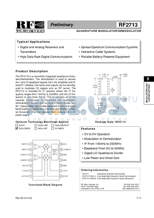 RF2713 datasheet - QUADRATURE MODULATOR/DEMODULATOR