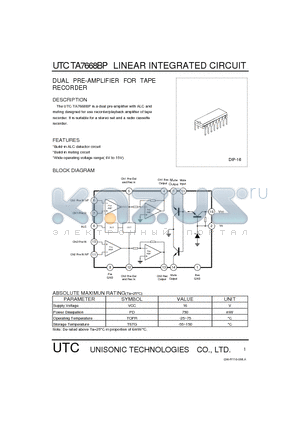 TA7668BP datasheet - DUAL PRE-AMPLIFIER FOR TAPE RECORDER