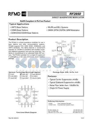 RF2850 datasheet - DIRECT QUADRATURE MODULATOR