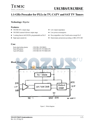 U813BS datasheet - 1.1-GHz Prescaler for PLLs in TV, CATV and SAT TV Tuners