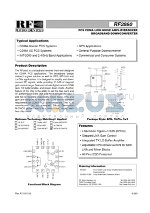 RF2860 datasheet - PCS CDMA LOW NOISE AMPLIFIER/MIXER BROADBAND DOWNCONVERTER
