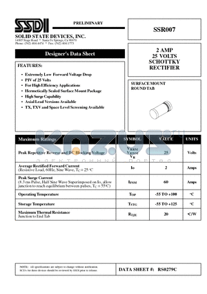 SSR007 datasheet - 2 AMP 25 VOLTS SCHOTTKY RECTIFIER