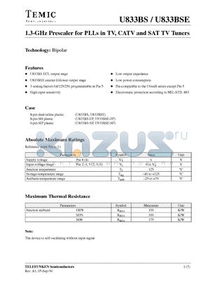 U833BS datasheet - 1.3-GHz Prescaler for PLLs in TV, CATV and SAT TV Tuners