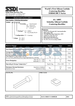 SSR04C60CT datasheet - 4A / 600V Schottky Silicon Carbide Centertap Rectifier