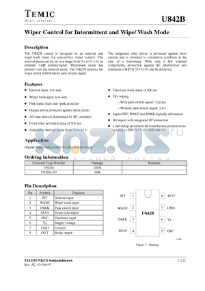 U842B datasheet - Wiper Control for Intermittent and Wipe/ Wash Mode