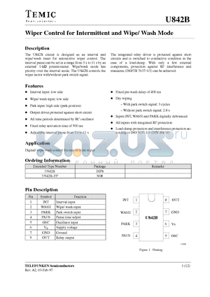 U842B-FP datasheet - Wiper Control for Intermittent and Wipe/ Wash Mode