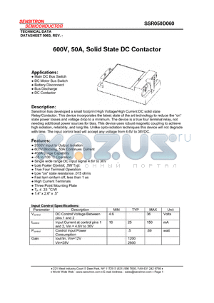 SSR050D060 datasheet - 600V, 50A, Solid State DC Contactor