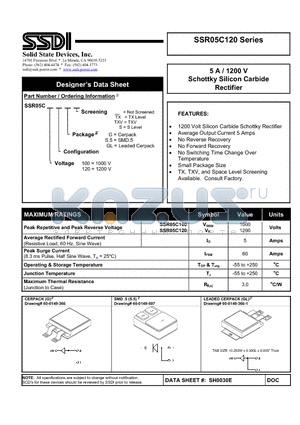 SSR05C120 datasheet - 5 A / 1200 V Schottky Silicon Carbide Rectifier