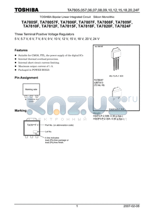 TA7805F datasheet - 5 V, 5.7 V, 6 V, 7 V, 8 V, 9 V, 10 V, 12 V, 15 V, 18 V, 20 V, 24 V Three Terminal Positive Voltage Regulators