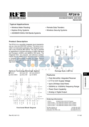 RF2919 datasheet - 433/868/915MHZ ASK/OOK RECEIVER