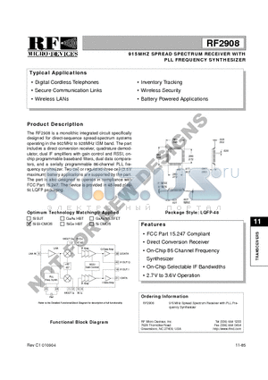 RF2908 datasheet - 915MHZ SPREAD SPECTRUM RECEIVER WITH PLL FREQUENCY SYNTHESIZER