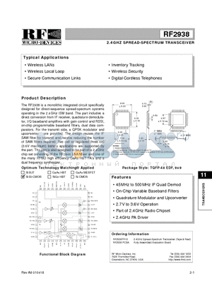 RF2938 datasheet - 2.4GHZ SPREAD-SPECTRUM TRANSCEIVER