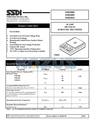 SSR1009 datasheet - 10 AMP 100 VOLTS SCHOTTKY RECTIFIER