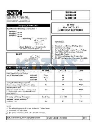 SSR1010J datasheet - 10 AMP 80 - 100 VOLTS SCHOTTKY RECTIFIER