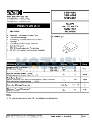 SSR1010G datasheet - 10AMPS 60 - 100 VOLTS SCHOTTKY RECTIFIER