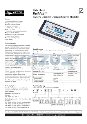 VE-261-IU-BM datasheet - Battery Charger Current Source Modules