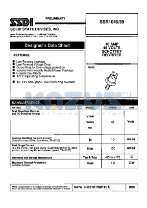 SSR1045-59 datasheet - 10 AMPS 45 VOLTS SCHOTTKY RECTIFER