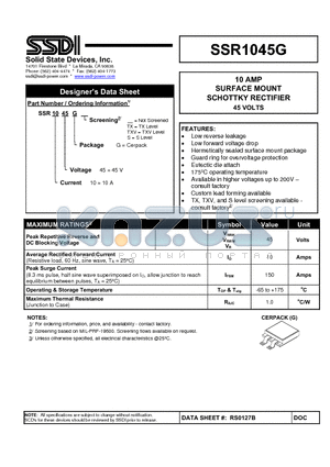 SSR1045G datasheet - SURFACE MOUNT SCHOTTKY RECTIFIER