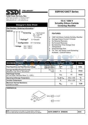 SSR10C100CT datasheet - 10 A / 1200 V Schottky Silicon Carbide Centertap Rectifier