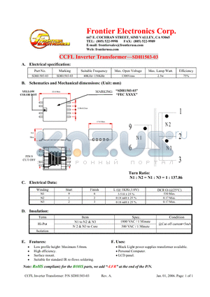 SDH1503-03-LFR datasheet - CCFL Inverter Transformer