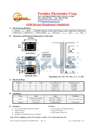 SDH2010-02 datasheet - CCFL Inverter Transformer