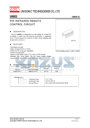 U8803 datasheet - PIR INFRARED REMOTE CONTROL CIRCUIT