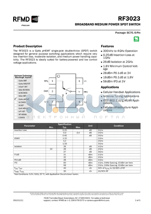 RF3023 datasheet - BROADBAND MEDIUM POWER SPDT SWITCH