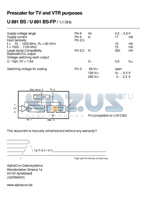 U891BS-FP datasheet - Prescaler for TV and VTR purposes