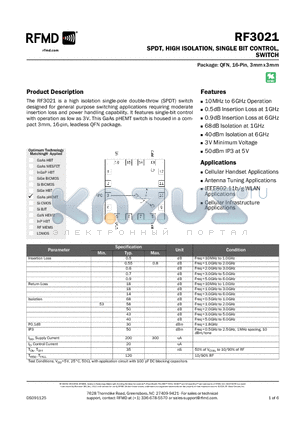 RF3021SR datasheet - SPDT, HIGH ISOLATION, SINGLE BIT CONTROL, SWITCH