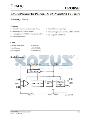 U893BSE datasheet - 1.3 GHz Prescaler for PLLs in TV, CATV and SAT TV Tuners