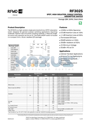 RF3025 datasheet - SPDT, HIGH ISOLATION, SINGLE CONTROL, ABSORPTIVE SWITCH