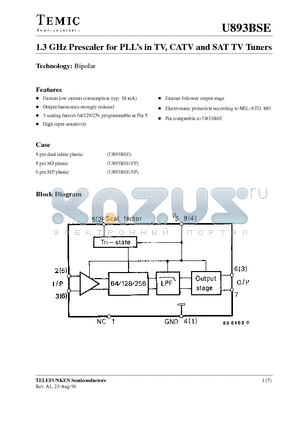 U893BSE-SP datasheet - 1.3 GHz Prescaler for PLLs in TV, CATV and SAT TV Tuners