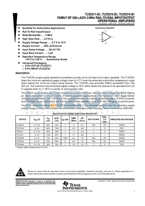 TLV2371-Q1 datasheet - FAMILY OF 550-lA/Ch 3-MHz RAIL-TO-RAIL INPUT/OUTPUT OPERATIONAL AMPLIFIERS