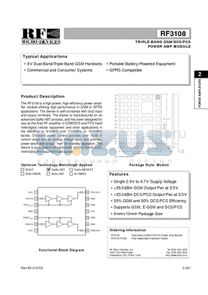 RF3108PCBA datasheet - TRIPLE-BAND GSM/DCS/PCS POWER AMP MODULE