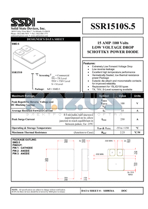 SSR1510S.5 datasheet - 15 AMP /100 Volts LOW VOLTAGE DROP SCHOTTKY POWER DIODE