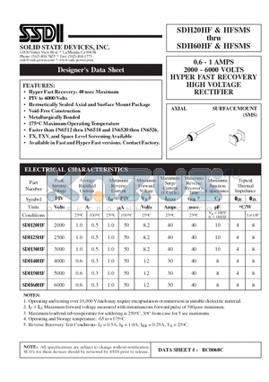 SDH25HFSMS datasheet - 0.6 - 1 AMPS 2000 - 6000 VOLTS HYPER FAST RECOVERY HIGH VOLTAGE RECTIFIER