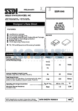 SSR1645 datasheet - 20 AMP 45 VOLTS SCHOTTKY RECTIFIER