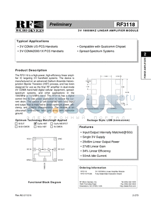 RF3118 datasheet - 3V 1900MHZ LINEAR AMPLIFIER MODULE