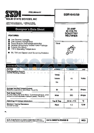 SSR1645-59 datasheet - 20 AMP 45 VOLTS SCHOTTKY RECTIFIER