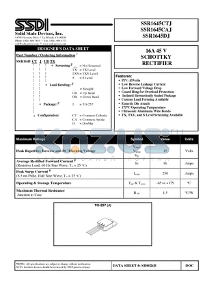 SSR1645CTJ datasheet - 16A 45 V SCHOTTKY RECTIFIER