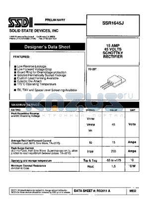 SSR1645J datasheet - 15 AMP 45 VOLTS SCHOTTKY RECTIFIER