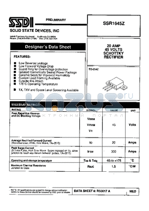 SSR1645Z datasheet - 20 AMP 45 VOLTS SCHOTTKY RECTIFIER