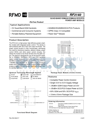 RF3140PCBA-41X datasheet - QUAD-BAND GSM850/GSM900/DCS/PCS POWER AMP MODULE